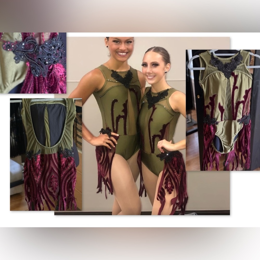 🫒Custom Patrick J Olive Green & Burgundy Dance Costume with Unique Fringe Skirt